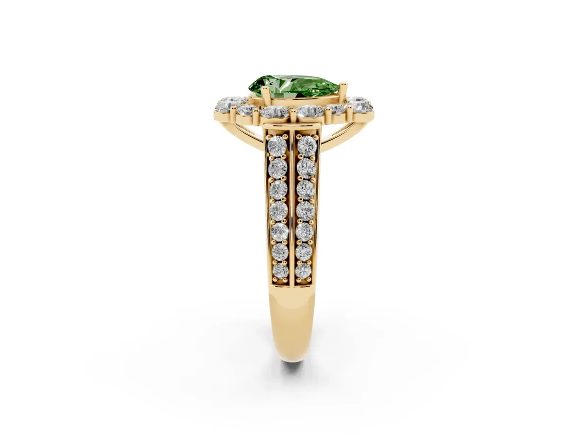 Fancy Green Pear Cut Halo Diamond Engagement Ring with Split Shank and Prong Setting Yellow gold