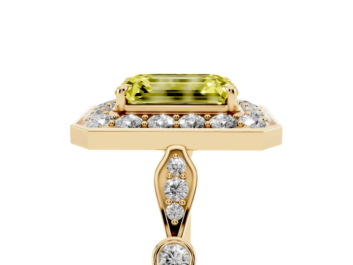 Fancy Yellow Emerald Cut Halo Diamond Engagement Ring with Twisted Band and Four-Prong Setting Yellow gold