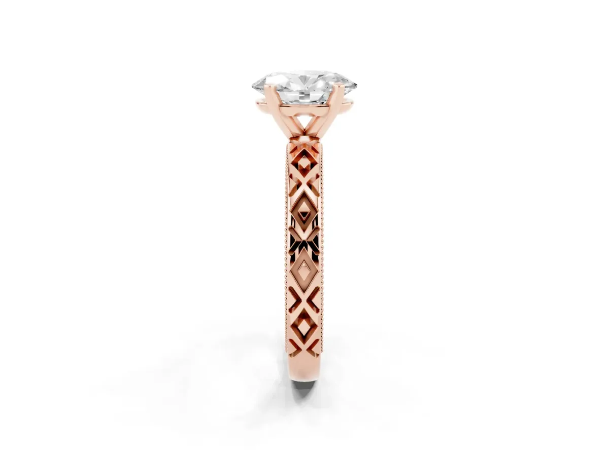 Oval Cut Solitaire Diamond Ring with Milgrain and Black Enamel X Pattern Band Rose gold