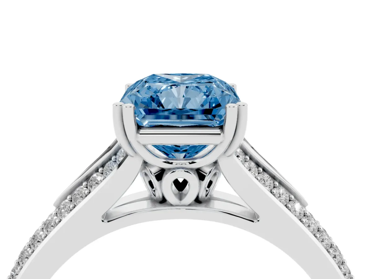 Fancy Blue Radiant Cut Diamond Split Shank Engagement Ring with Pavé Band Silver