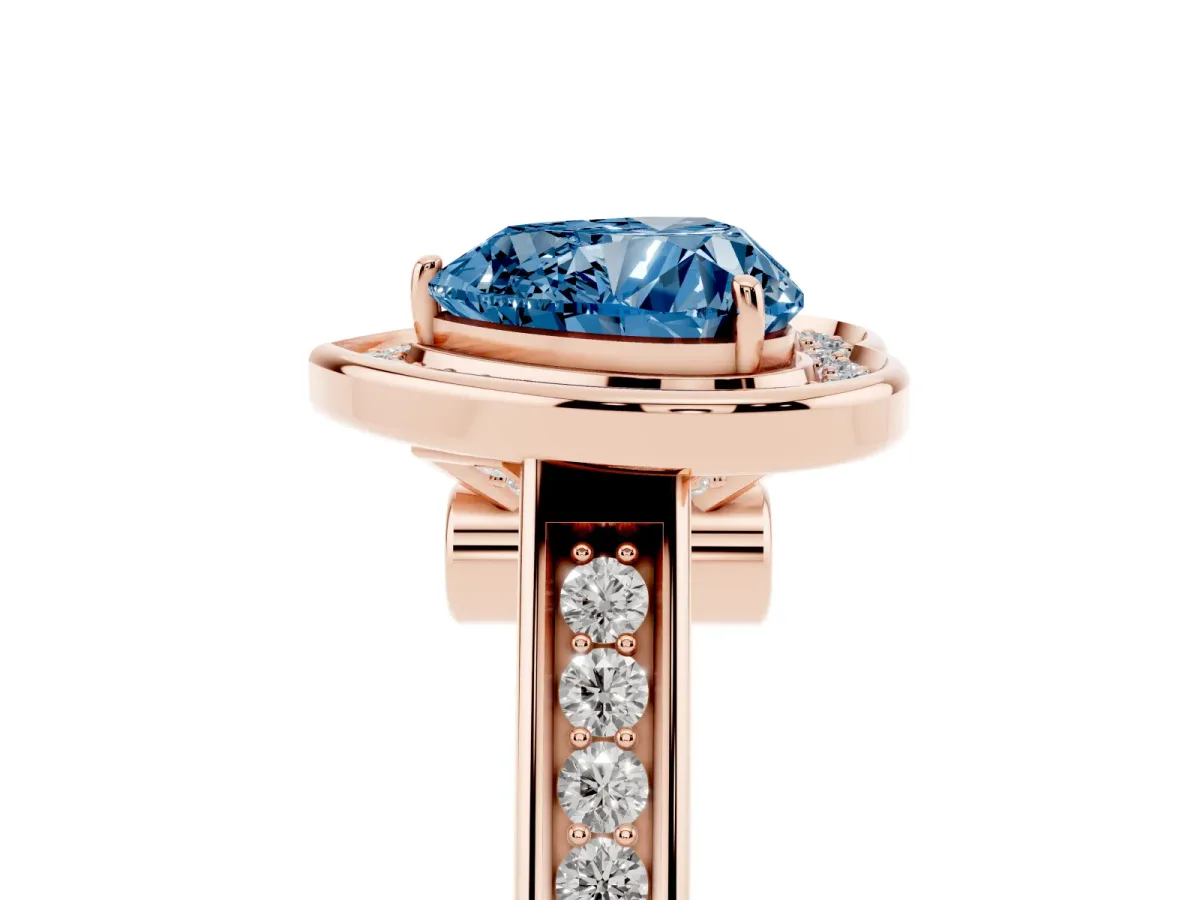 Fancy Blue Heart Cut Halo Solitaire Diamond Ring with Pave Band and Bezel Setting Rose gold