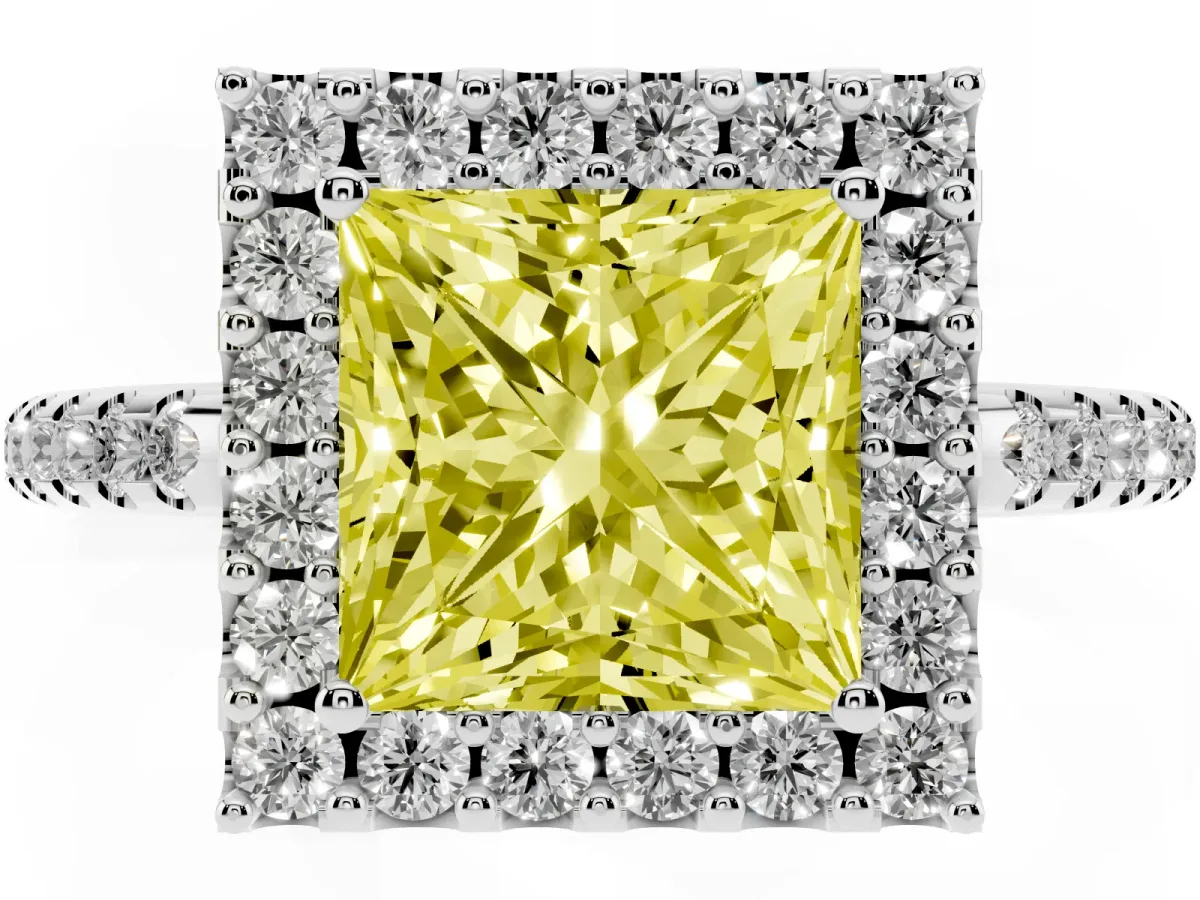 Fancy Yellow Princess Cut Diamond Pavé Halo Ring with Four-Prong Setting Silver