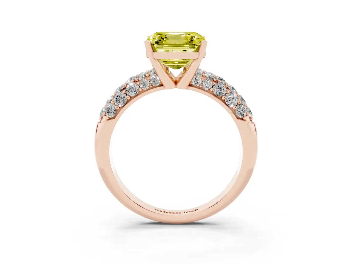 Fancy Yellow Asscher Cut Diamond Pavé Band Solitaire Ring with Four-Prong Setting Rose gold