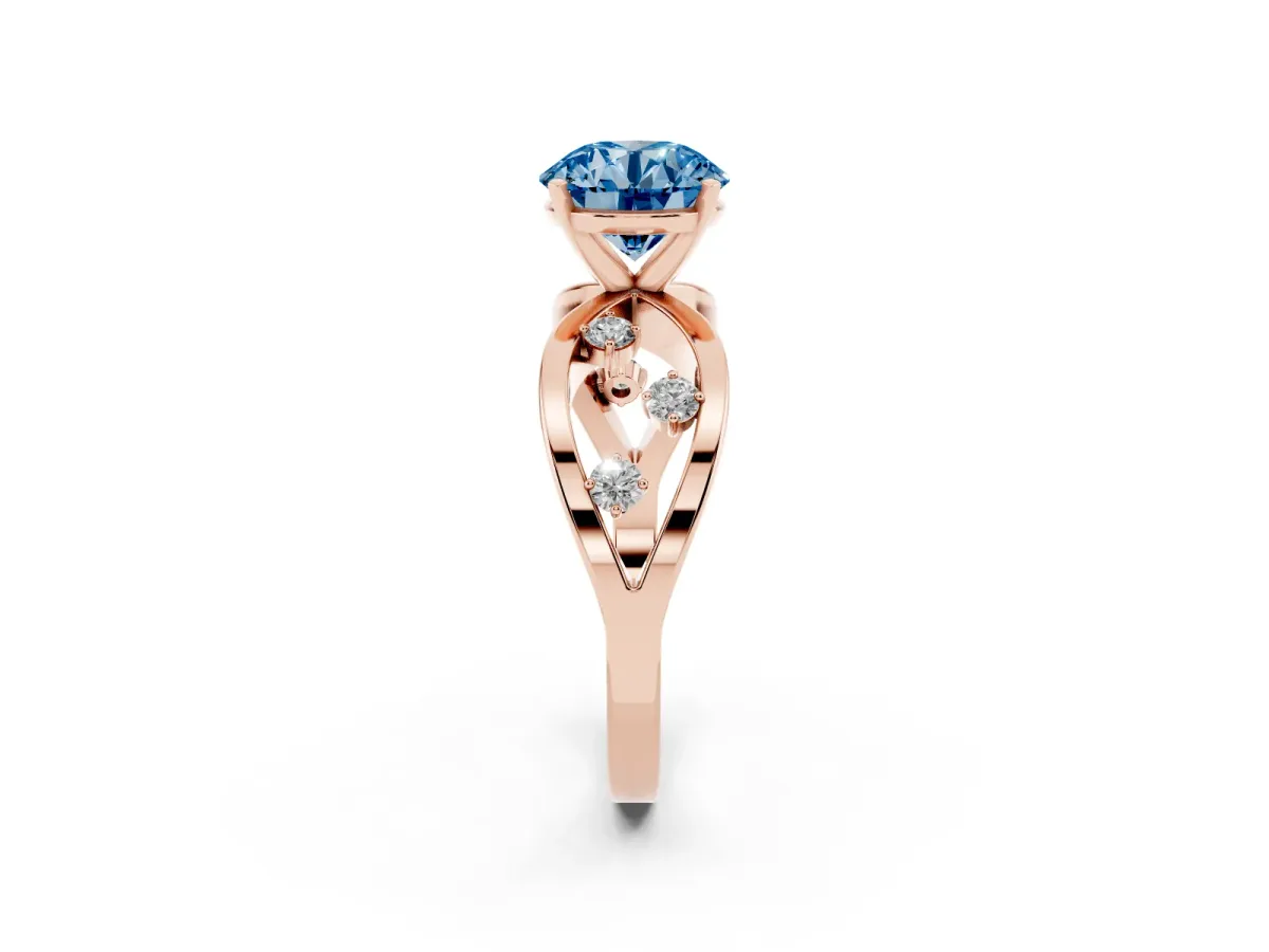 Fancy Blue Round Cut Cut Solitaire Diamond with Side Stones on Criss-Cross Band and Four-Prong Setting Rose gold