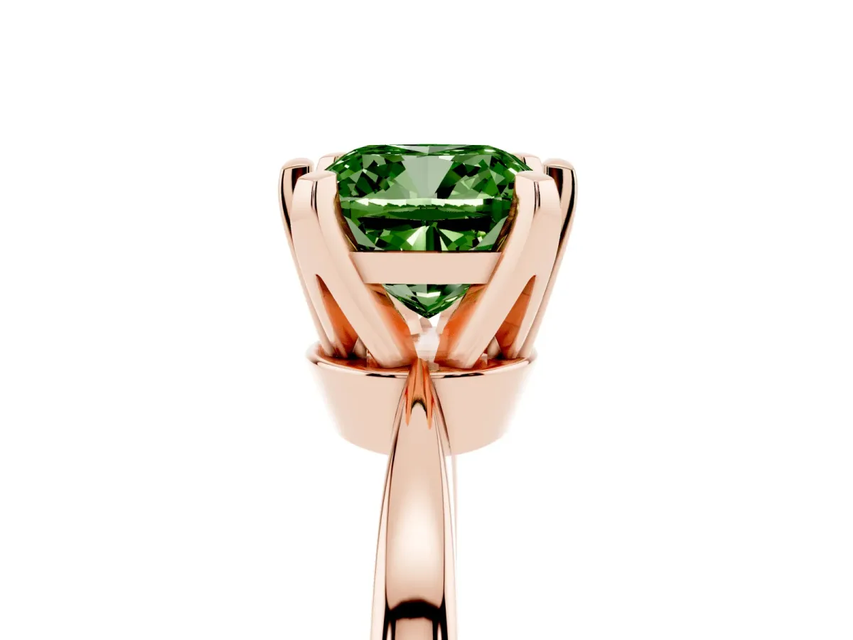 Fancy Green Cushion Cut Solitaire Engagement Ring with Six-Prong Setting and Tapered Band Rose gold