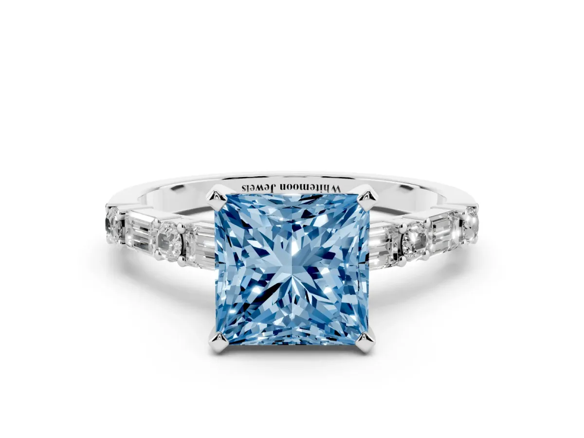 Fancy Blue Princess Cut Diamond Solitaire with Side Baguettes and Channel Set Band Silver