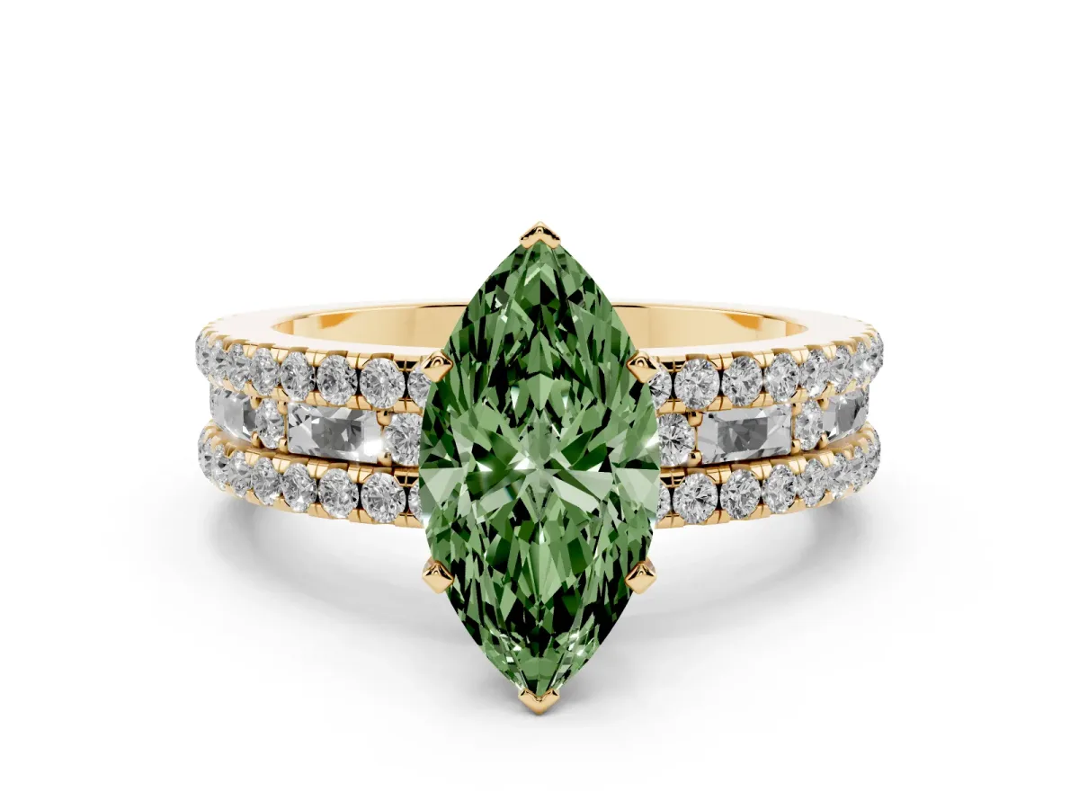 Fancy Green Marquise Cut Diamond Solitaire Ring with Pavé and Channel Set Band Yellow gold