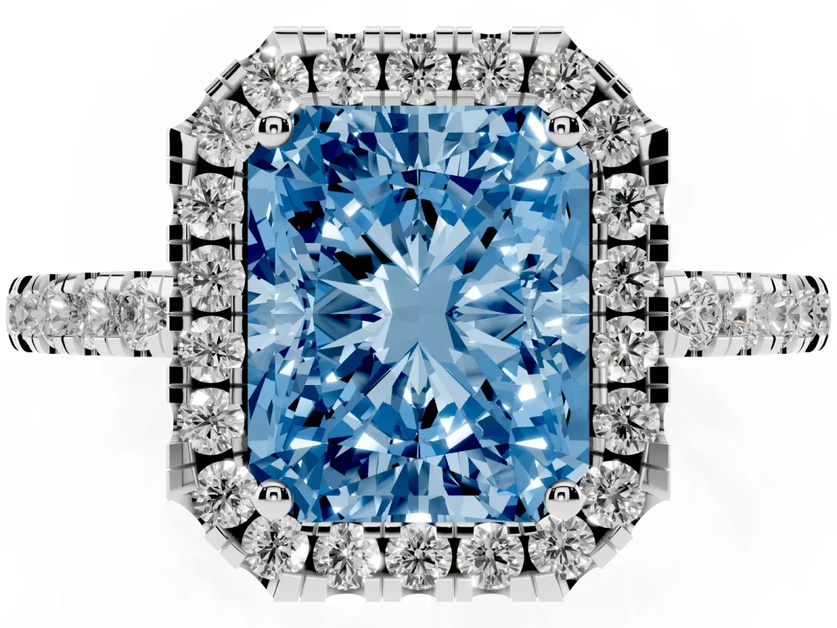 Fancy Blue Radiant Cut Halo Diamond Engagement Ring with Pavé Band and Four-Prong Setting Silver
