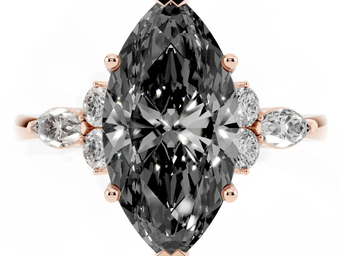 Fancy Black Marquise Cut Brilliant Diamond Solitaire Ring with Pear Side Stones and Four-Prong Setting Rose gold