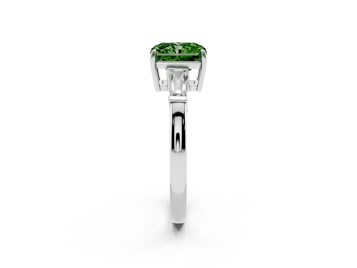 Fancy Green Radiant Cut Diamond Three-Stone Ring with Tapered Baguette Side Stones and Prong Setting Silver