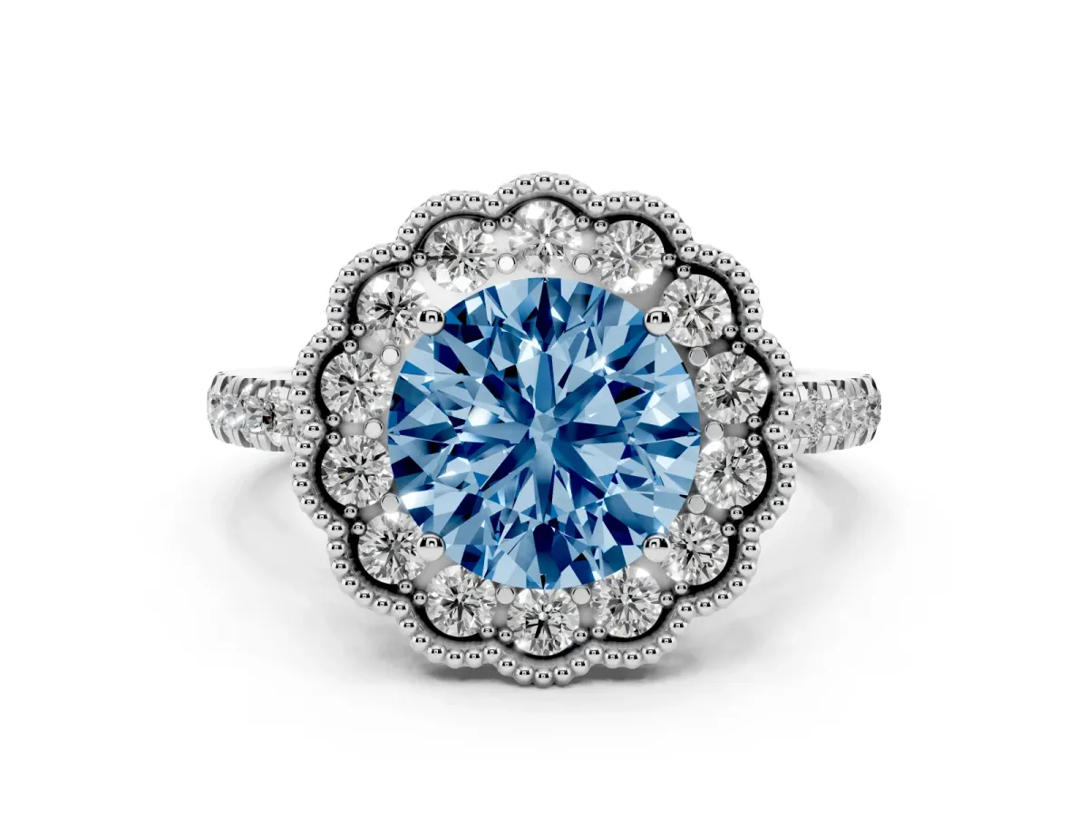 Fancy Blue Round Cut Cut Diamond Milgrain Floral Halo Engagement Ring with Pavé Band Silver