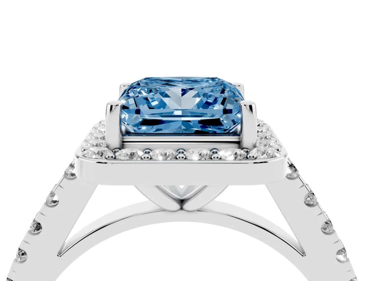Fancy Blue Princess Cut Diamond Halo Ring with Round Pavé Split Shank and Prong Setting Silver