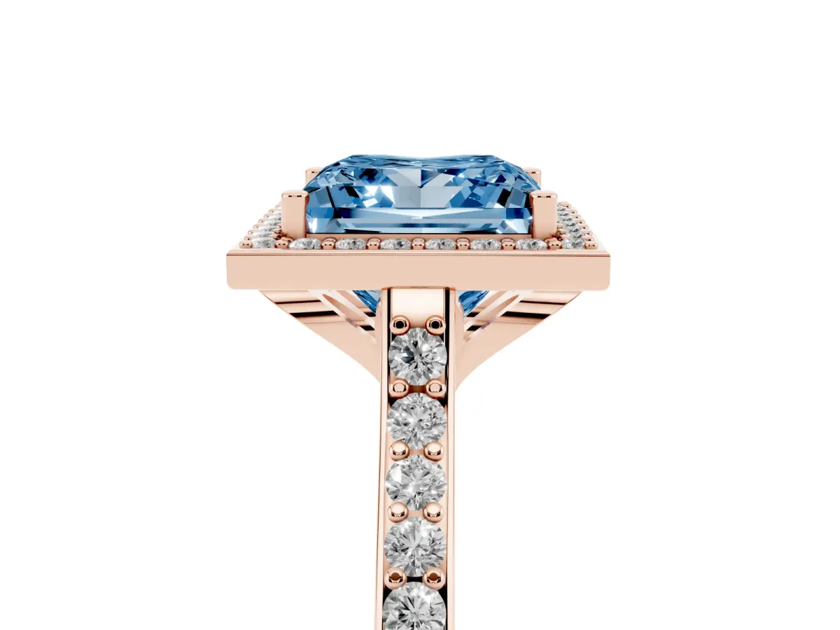 Fancy Blue Princess Cut Diamond Halo Engagement Ring with Round Pavé Shoulders and Prong Setting Rose gold