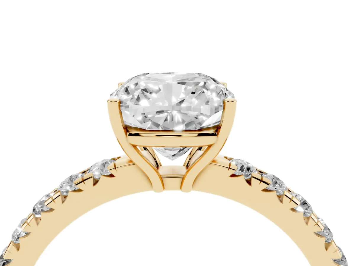 Cushion Cut Diamond Pavé Solitaire Engagement Ring with Four-Prong Setting Yellow gold