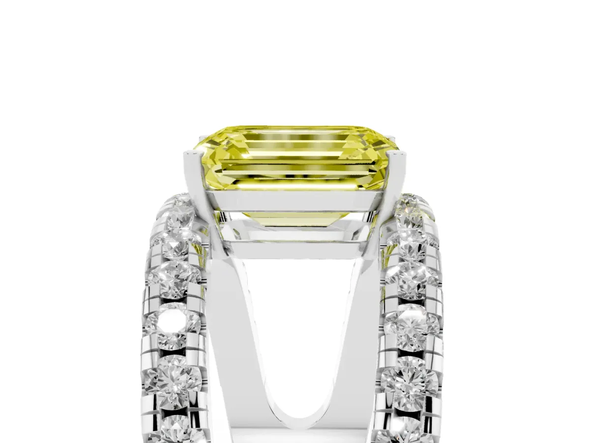 Fancy Yellow Emerald Cut Solitaire Split Shank Pave Diamond Ring Silver