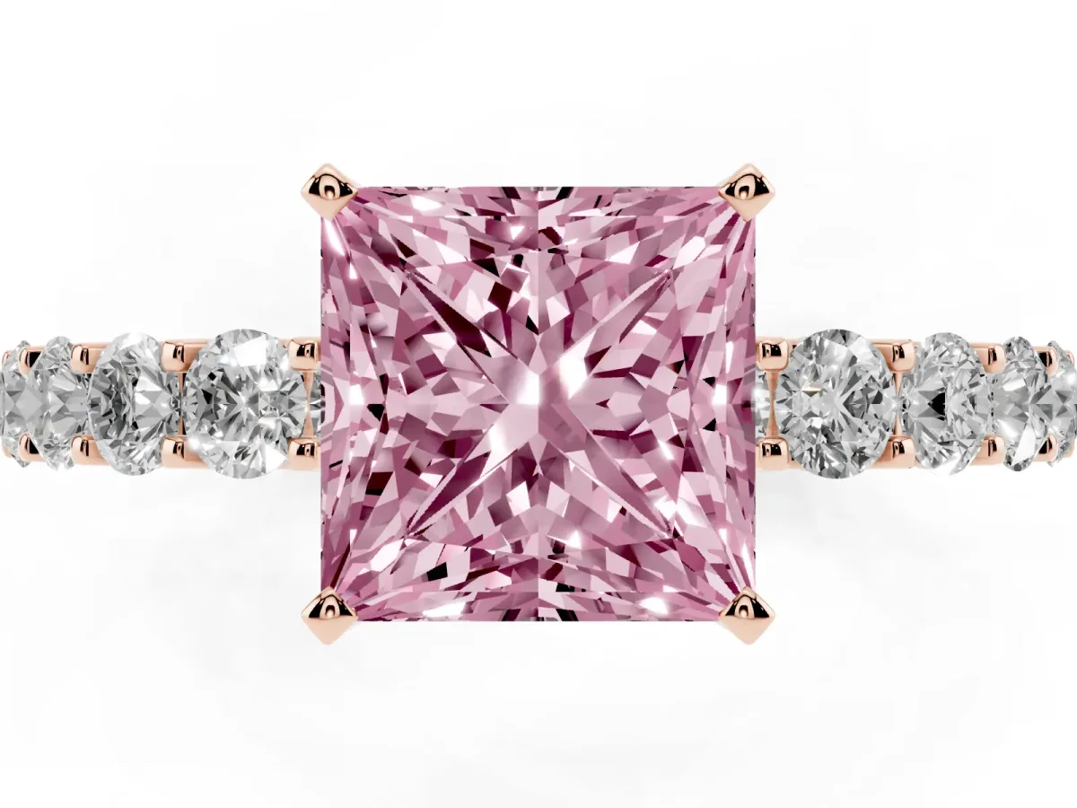 Fancy Pink Princess Cut Diamond Solitaire Ring with Shared Prong Pavé Band and Four-Prong Setting Rose gold