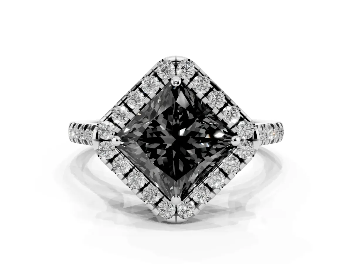 Fancy Black Princess Cut Diamond Cushion Halo Ring with Pavé Band Silver
