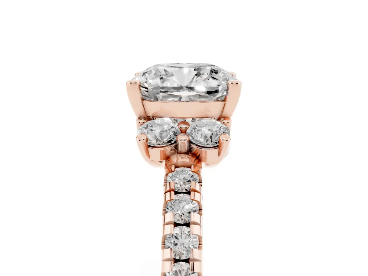 Cushion Cut Diamond Three-Stone Pave Band with Four-Prong Setting Rose gold