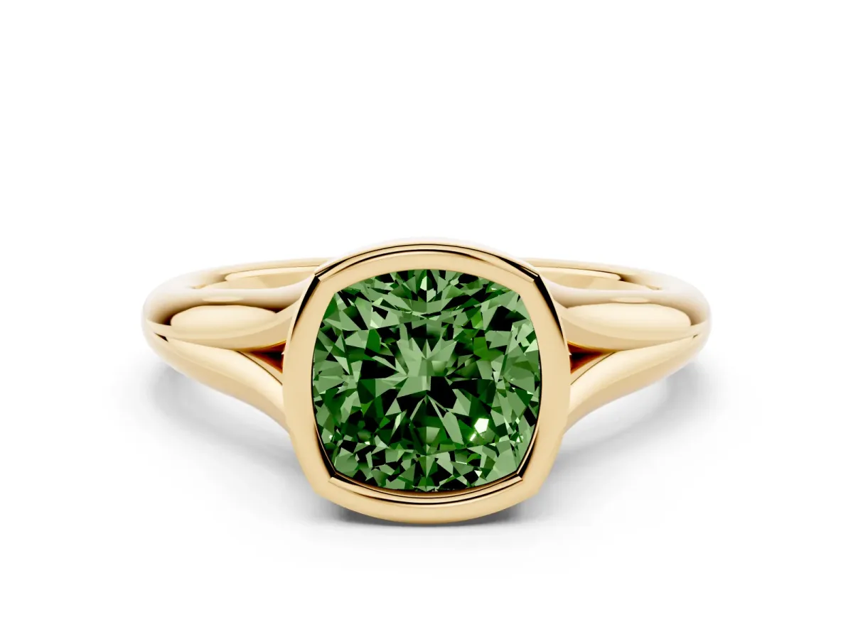 Fancy Green Bezel Set Cushion Cut Solitaire Diamond Ring with Smooth Band Yellow gold