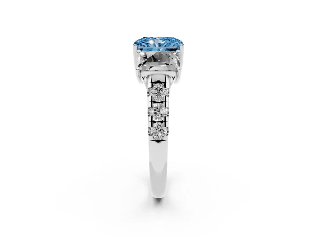 Fancy Blue Three-Stone Radiant Cut Diamond Pavé Band with Prong Setting Silver