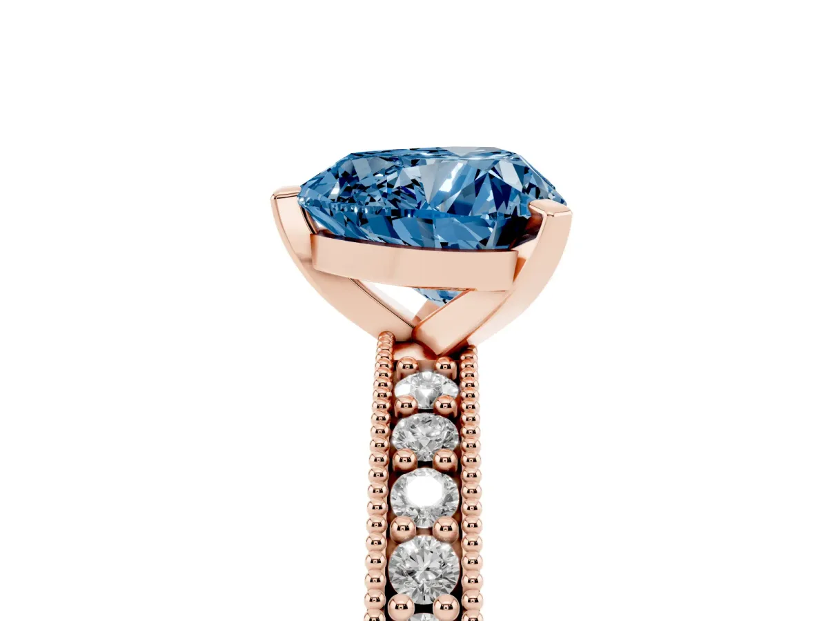 Fancy Blue Heart Cut Diamond Milgrain Pavé Engagement Ring with Four-Prong Setting Rose gold