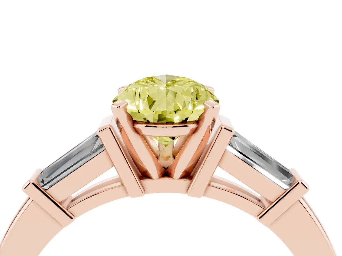 Fancy Yellow Pear Cut Cut Diamond Solitaire Ring with Tapered Baguette Accents and Four-Prong Setting Rose gold