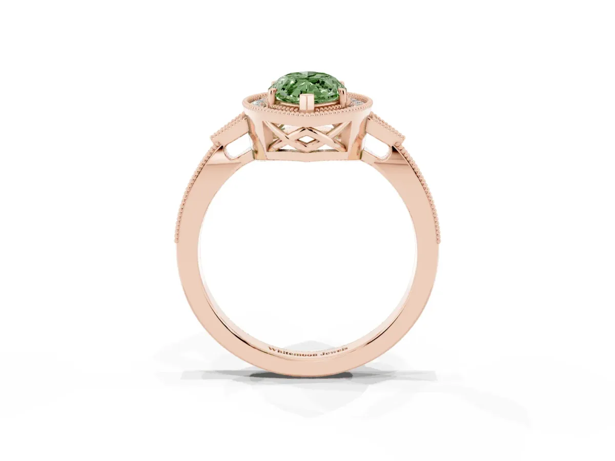 Fancy Green Marquise Cut Halo Round Diamond Milgrain Pave Engagement Ring Rose gold