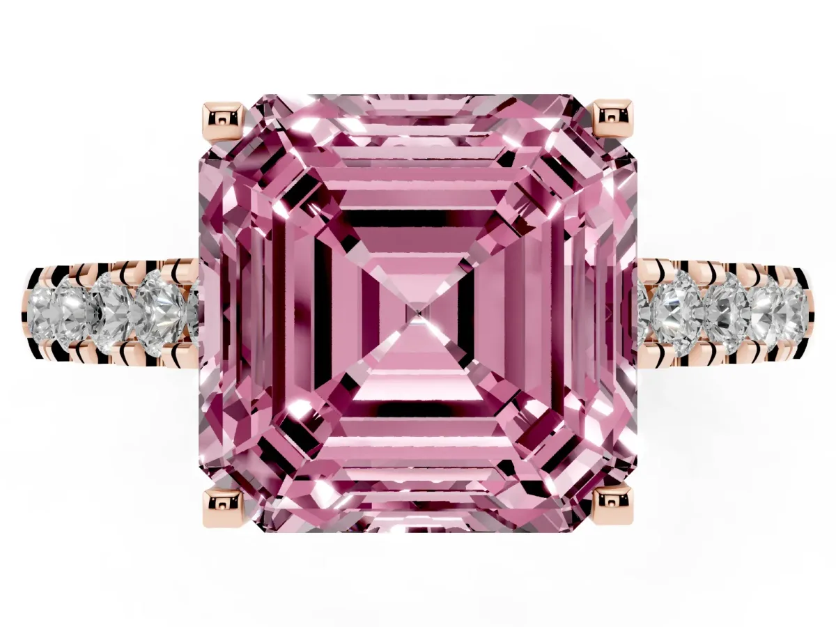 Fancy Pink Asscher Cut Diamond Pavé Band Solitaire Ring with Prong Setting Rose gold