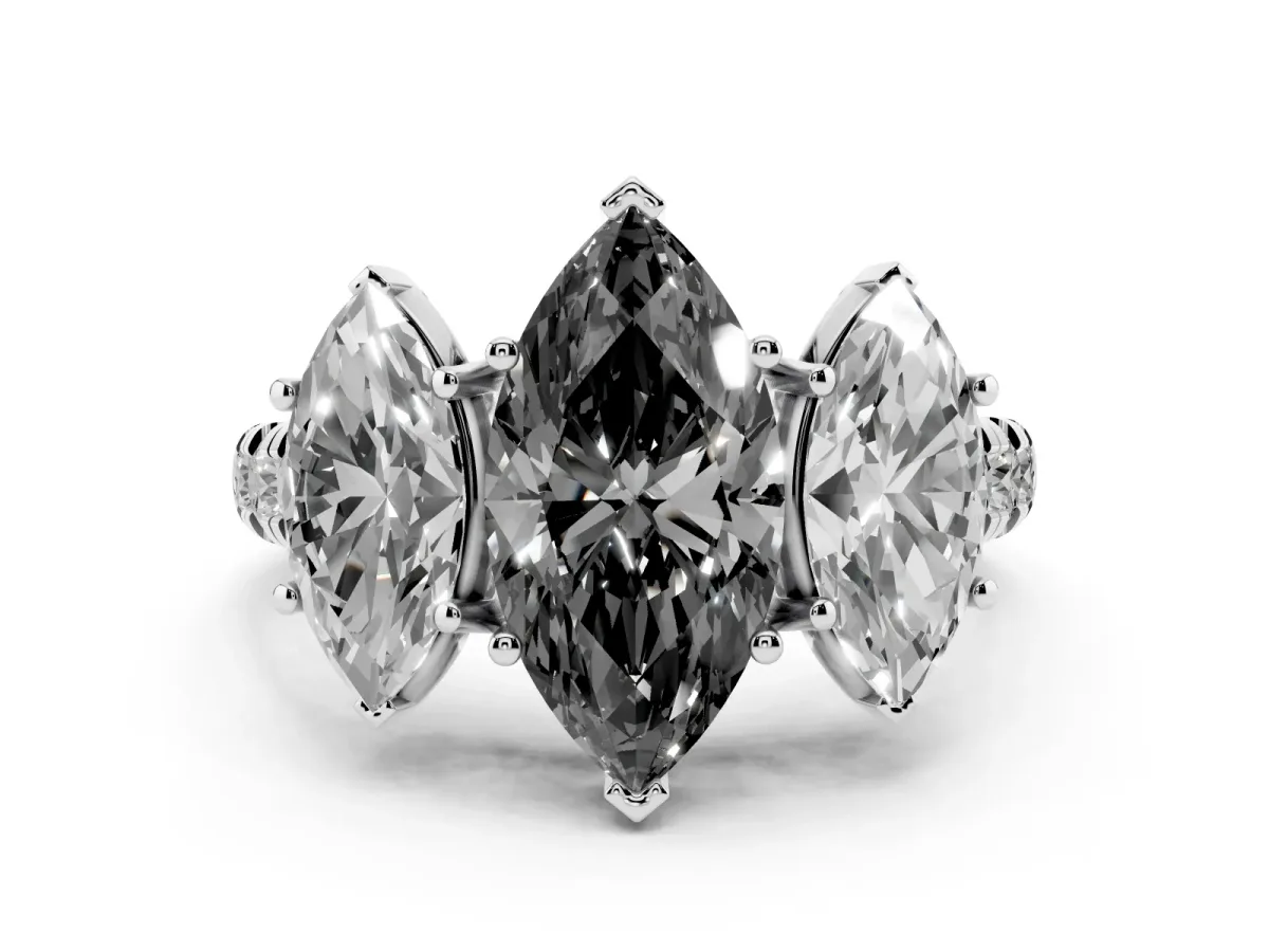 Fancy Black Three-Stone Marquise Cut Diamond Pavé Band with Prong Setting Silver