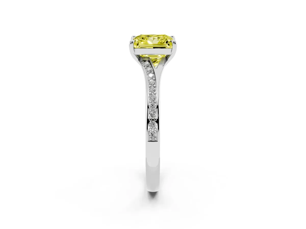 Fancy Yellow Princess Cut Diamond Solitaire Ring with Pavé Band and Prong Setting Silver