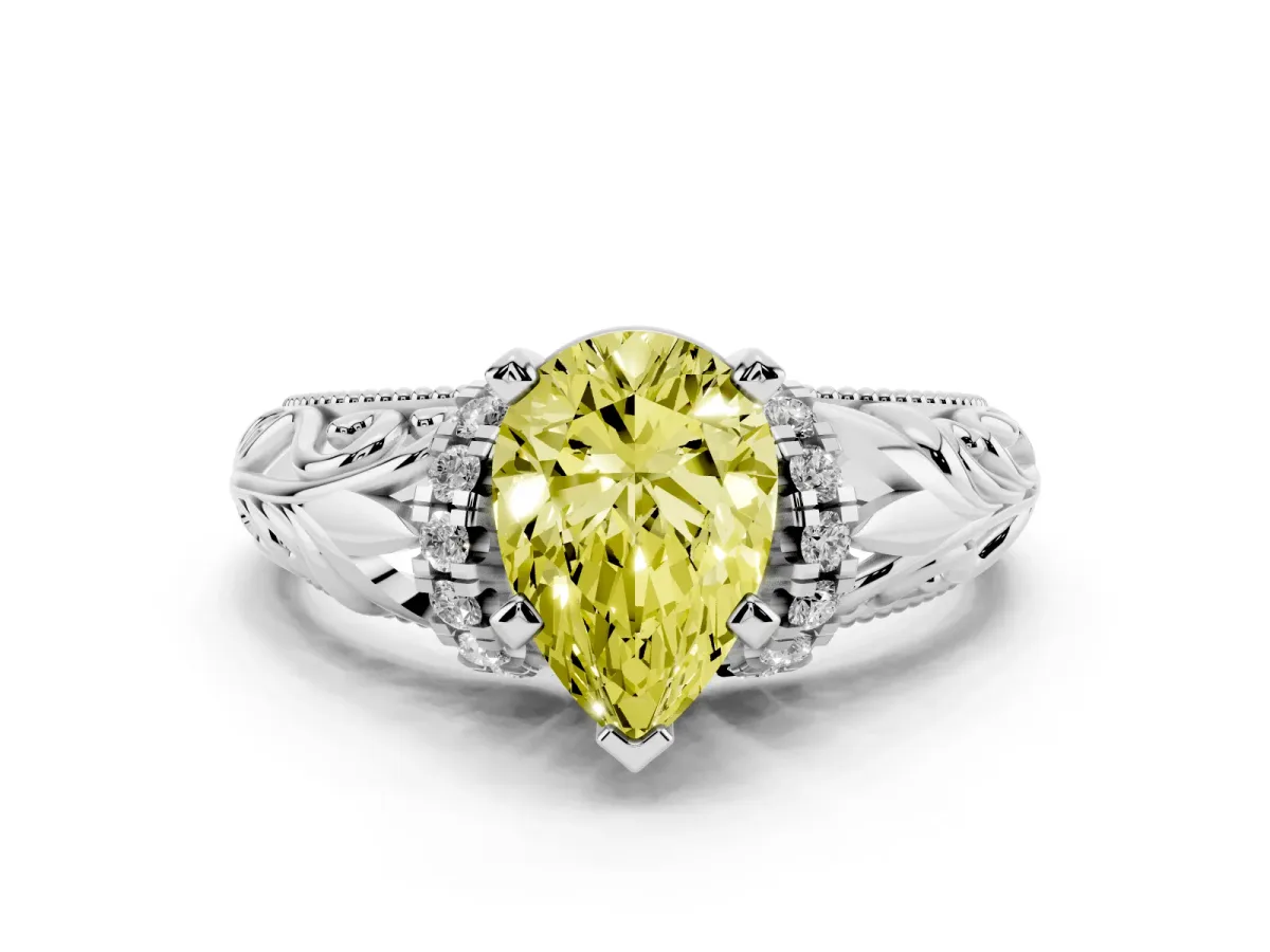 Fancy Yellow Pear Cut Solitaire Filigree Engagement Ring with Halo and Prong Setting Silver
