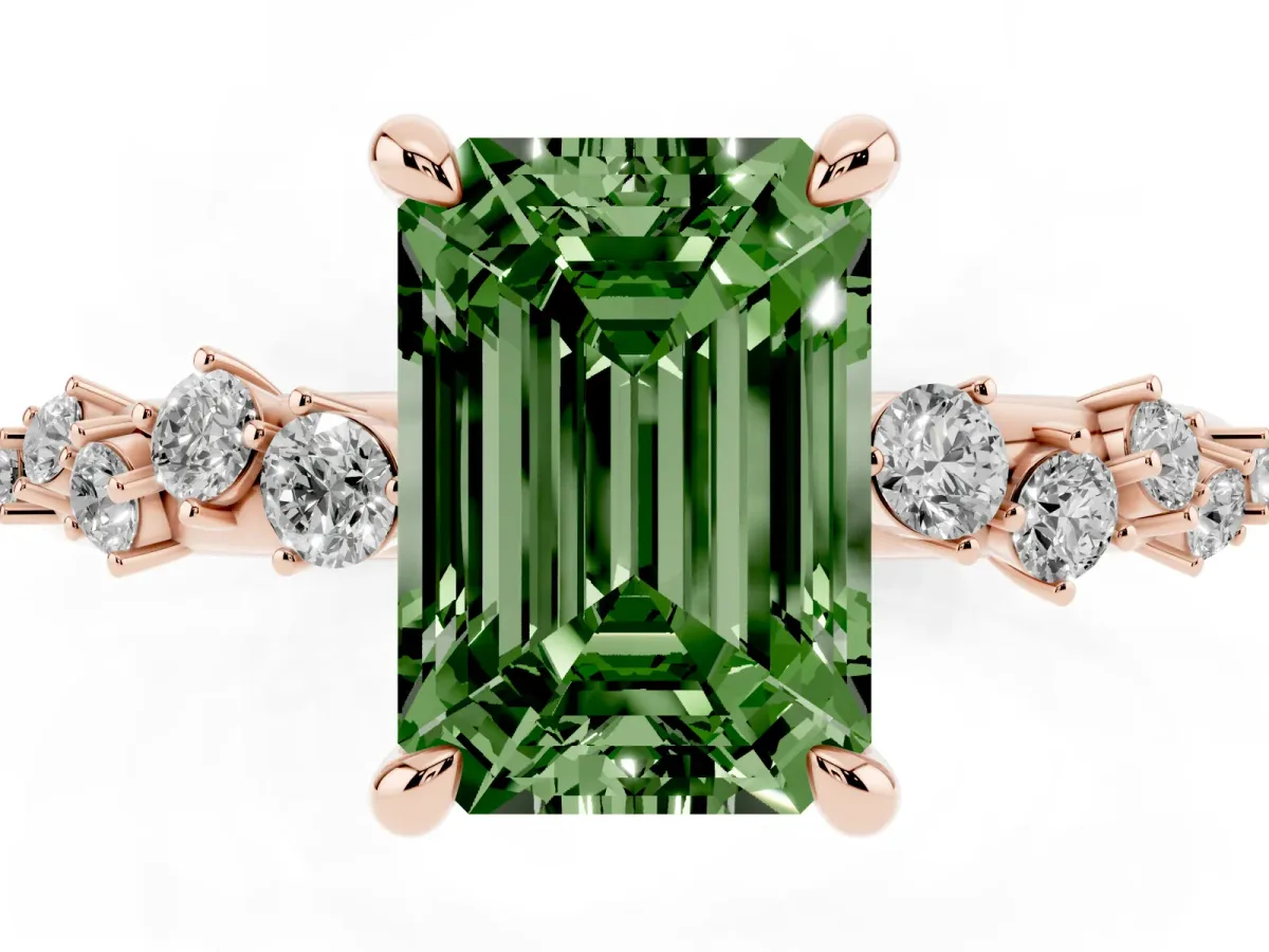 Fancy Green Emerald Cut Cut Diamond Vine Band with Four-Prong Setting Rose gold