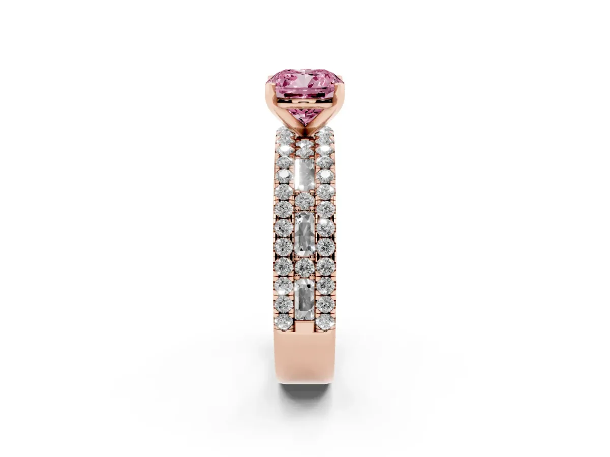 Fancy Pink Cushion Cut Diamond Solitaire Ring with Pavé and Channel Set Band Rose gold