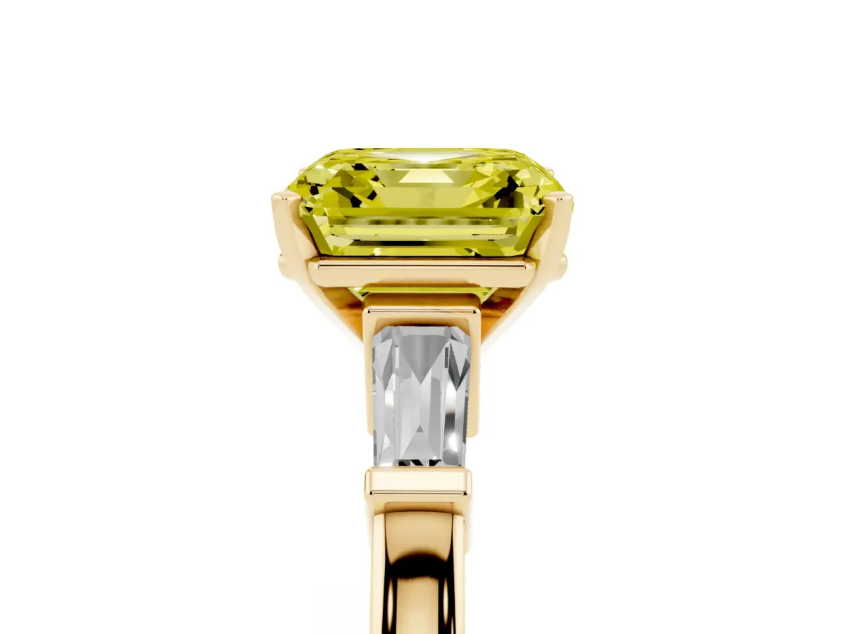 Fancy Yellow Asscher Cut Cut Diamond Solitaire Ring with Tapered Baguette Accents and Four-Prong Setting Yellow gold