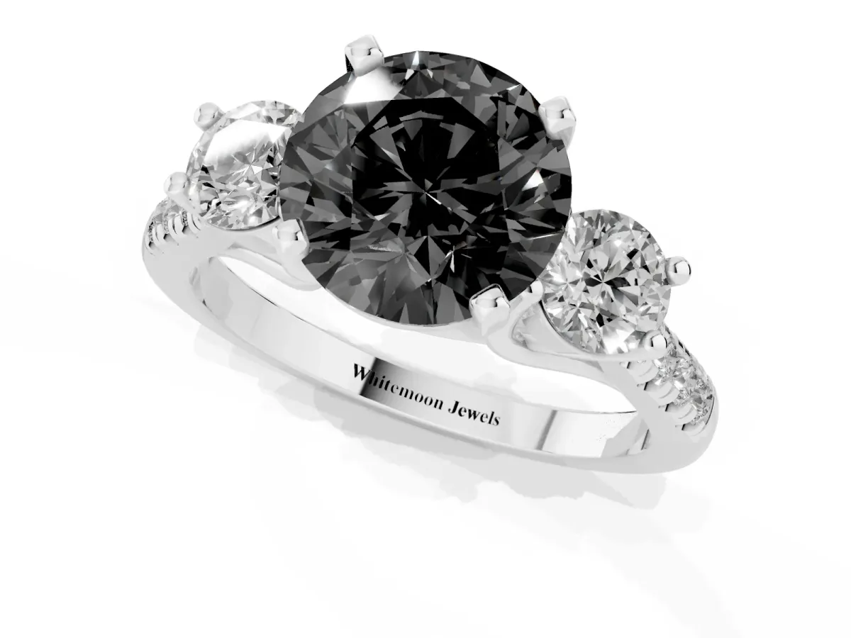 Fancy Black Three-Stone Round Cut Diamond Pavé Band with Four-Prong Setting Silver