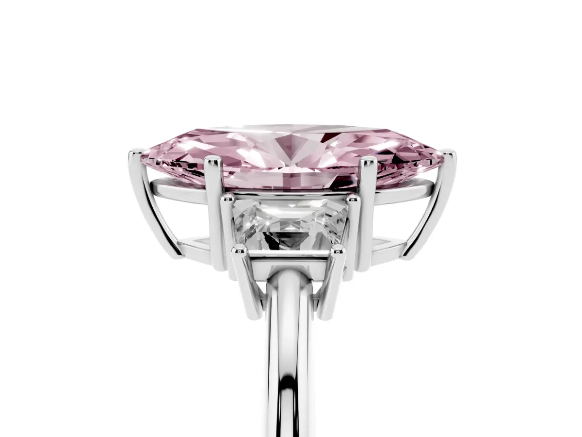 Fancy Pink Marquise Cut Diamond Three-Stone Ring with Trapezoid Side Stones and Prong Setting Silver