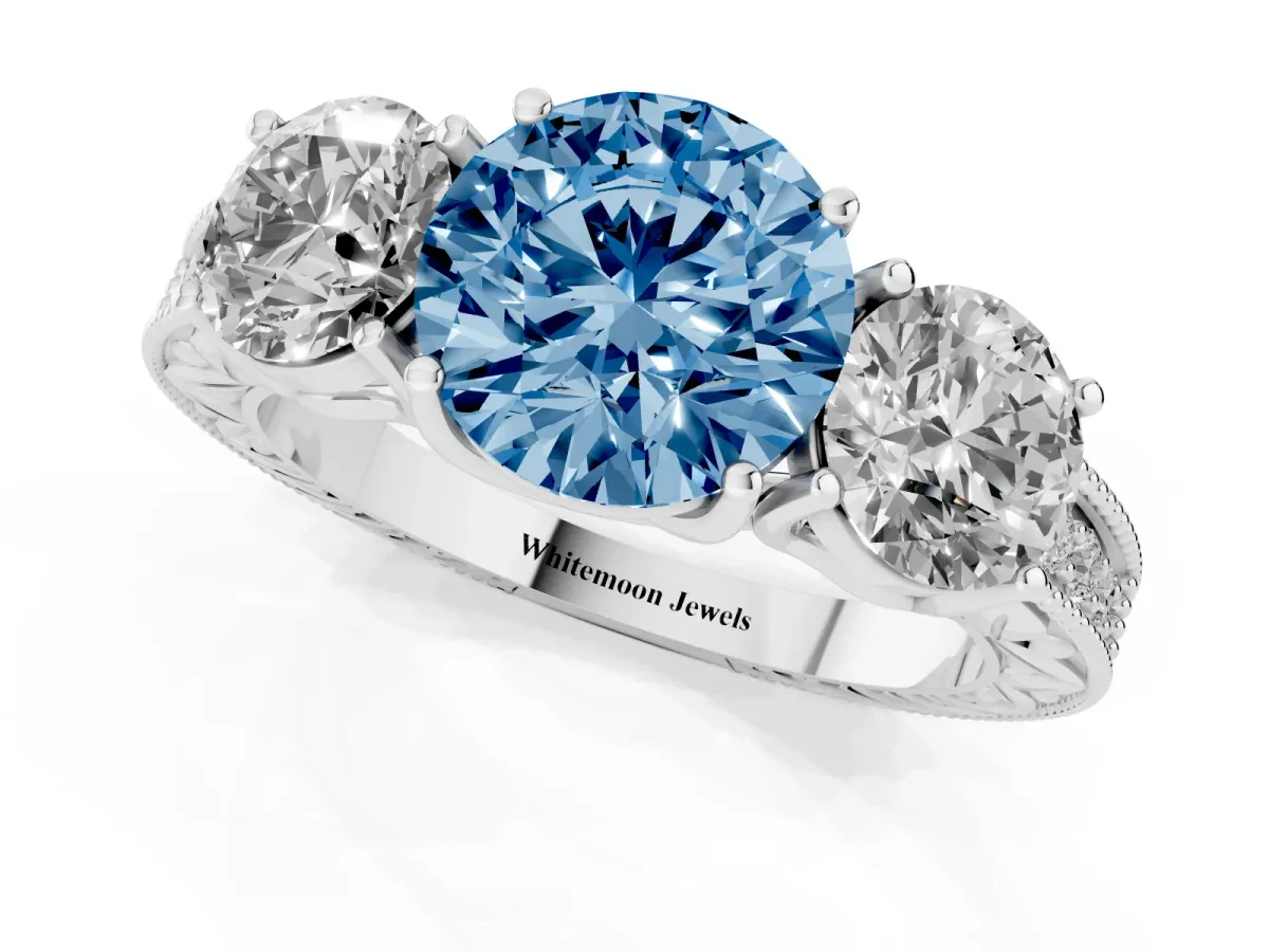 Fancy Blue Three-Stone Round Cut Cut Milgrain Pavé Engagement Ring Platinum