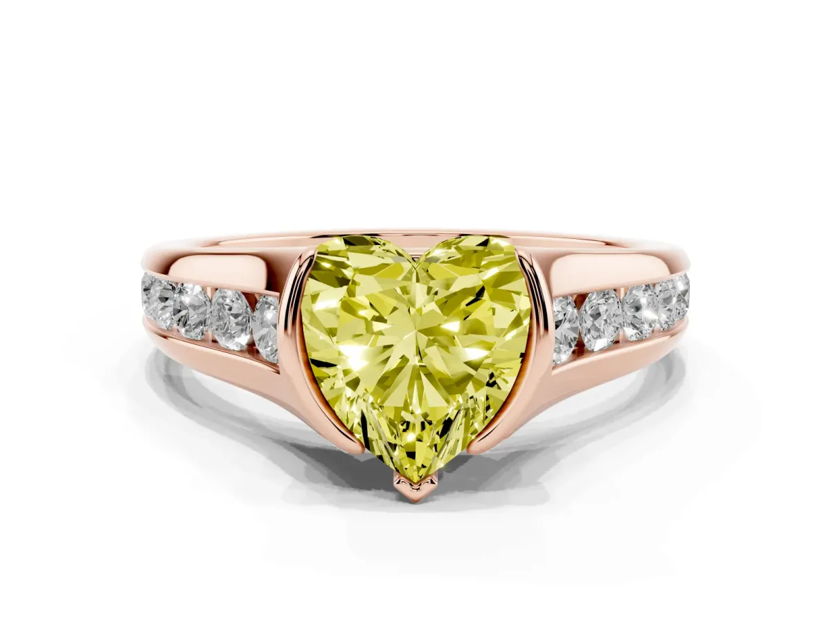Fancy Yellow Heart Cut Solitaire Bezel-Set Diamond Ring with Channel-Set Band Rose gold