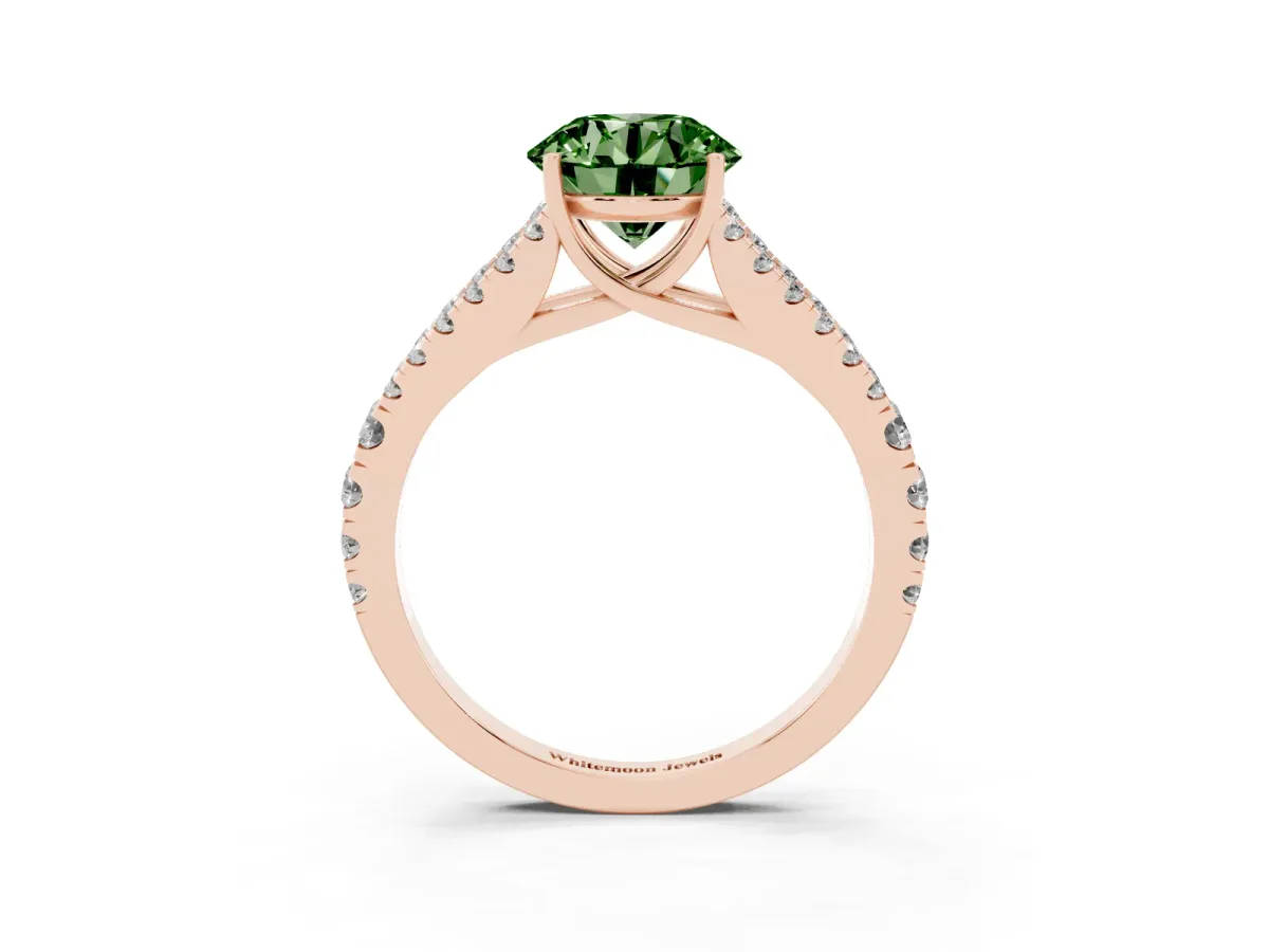 Fancy Green Round Cut Diamond Split Shank Pavé Engagement Ring with Four-Prong Setting Rose gold