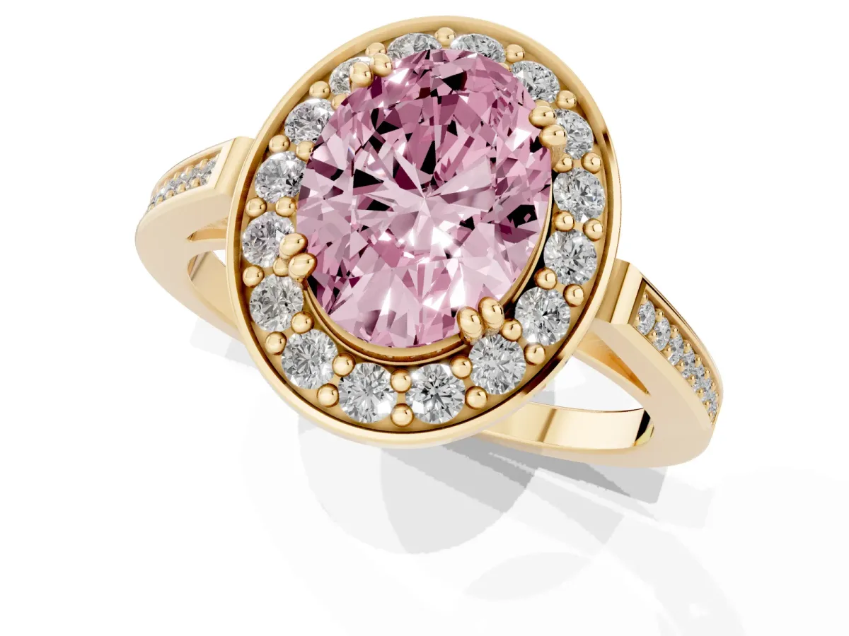 Fancy Pink Oval Cut Diamond Halo Ring with Split Shank and Four-Prong Setting Yellow gold