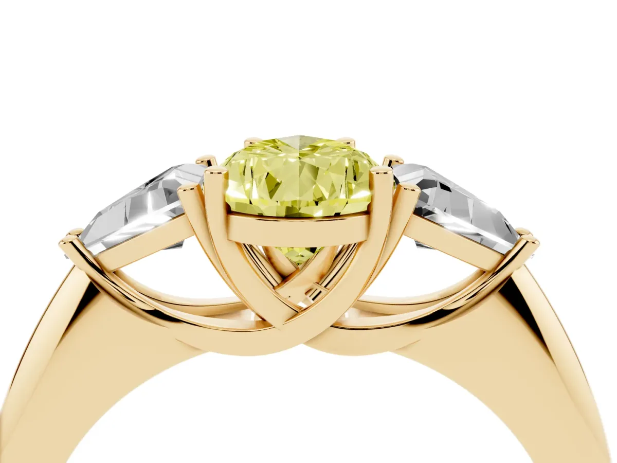Fancy Yellow Three-Stone Pear Cut Diamond Engagement Ring with Trillion Side Stones and Prong Setting Yellow gold