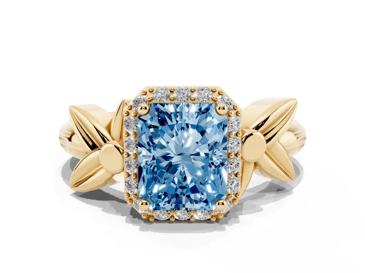 Fancy Blue Radiant Cut Halo Diamond Floral Band with Four-Prong Setting Yellow gold