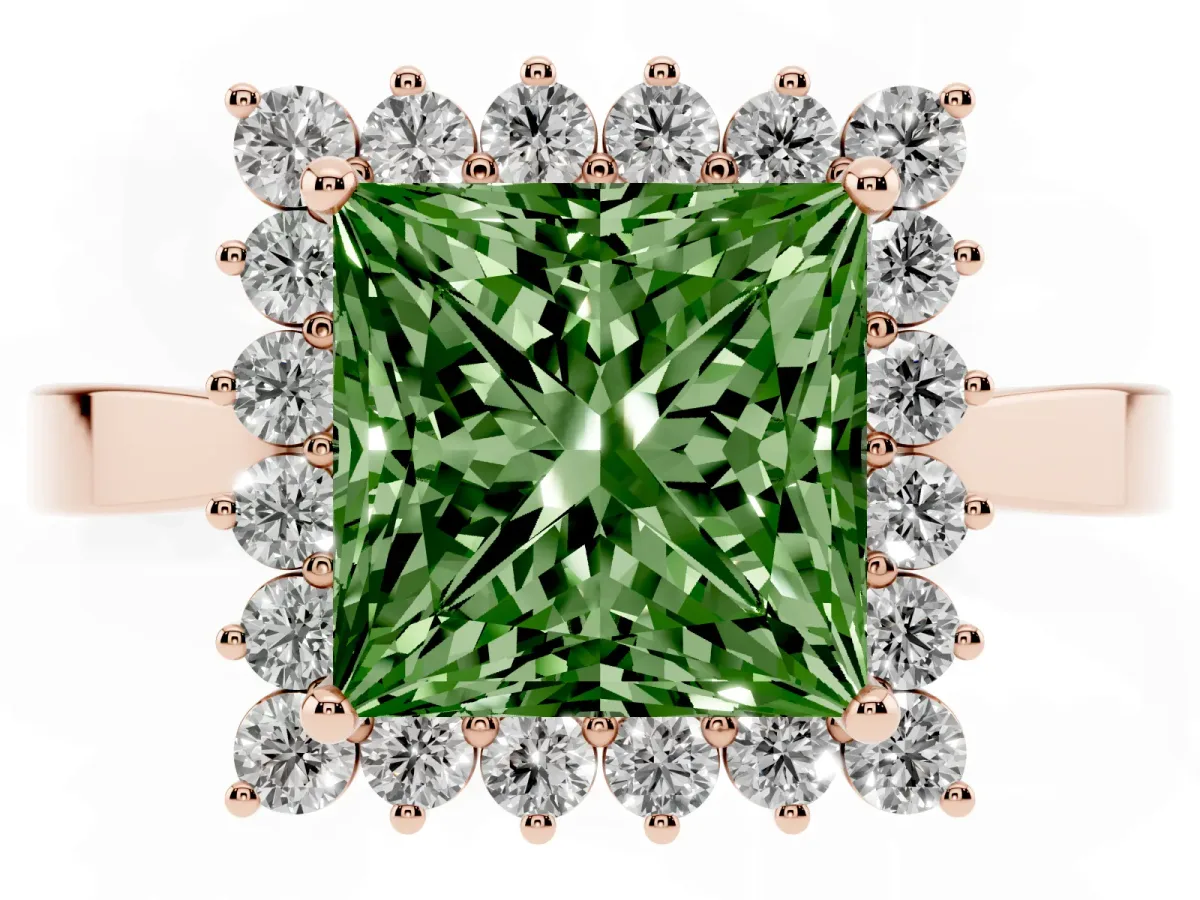 Fancy Green Princess Cut Cut Diamond Halo Ring with Round Brilliant Halo and Solitaire Band Rose gold