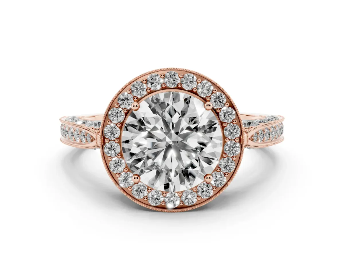 Round Cut Halo Diamond Engagement Ring with Split Shank Band and Four-Prong Setting Rose gold