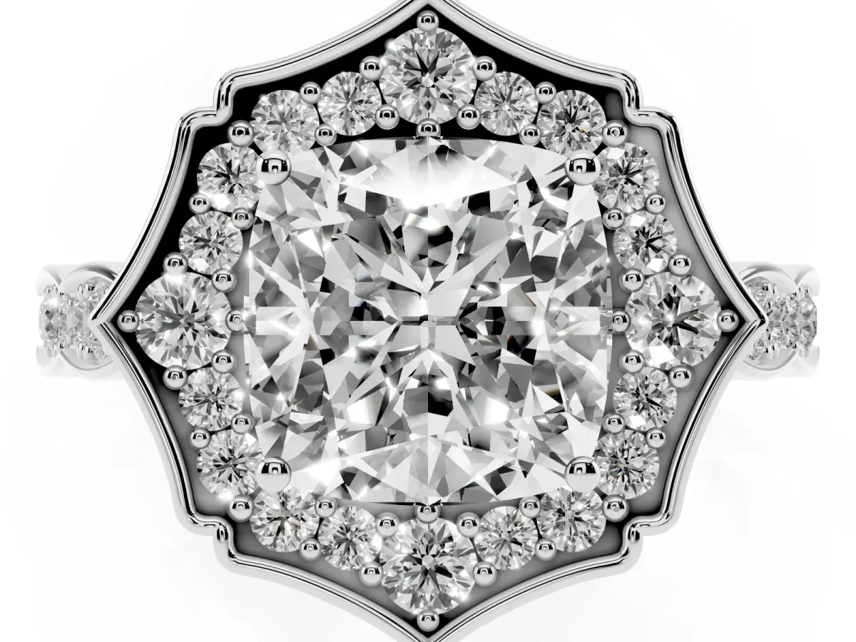 Cushion Cut Halo Diamond Engagement Ring with Milgrain Band and Four-Prong Setting Silver