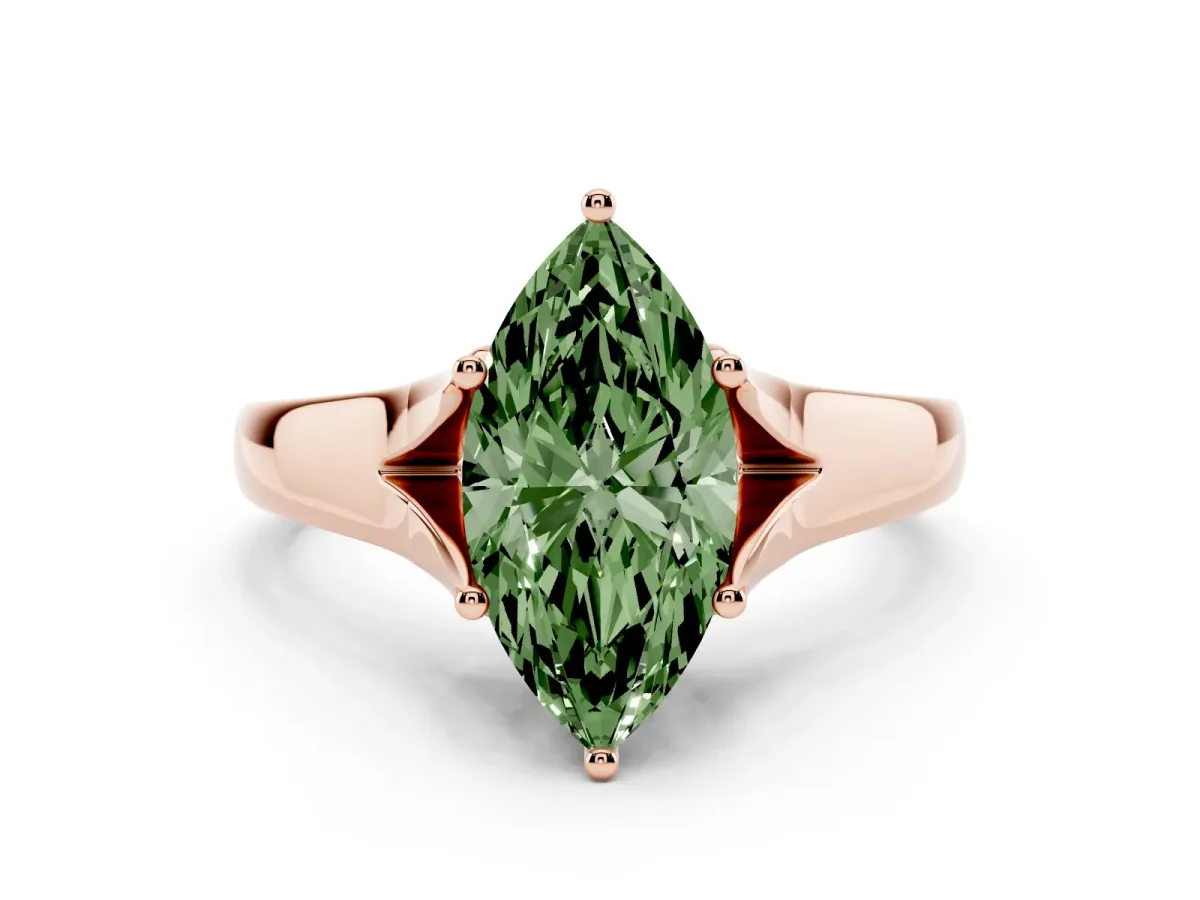 Fancy Green Marquise Cut Solitaire Diamond Ring with Cathedral Band and Four-Prong Setting Rose gold