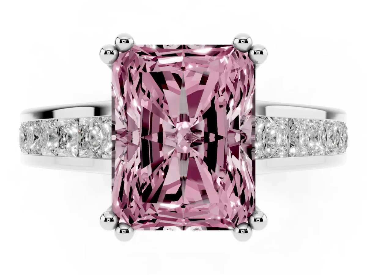 Fancy Pink Radiant Cut Cut Channel Set Solitaire Engagement Ring with Prong Setting Platinum