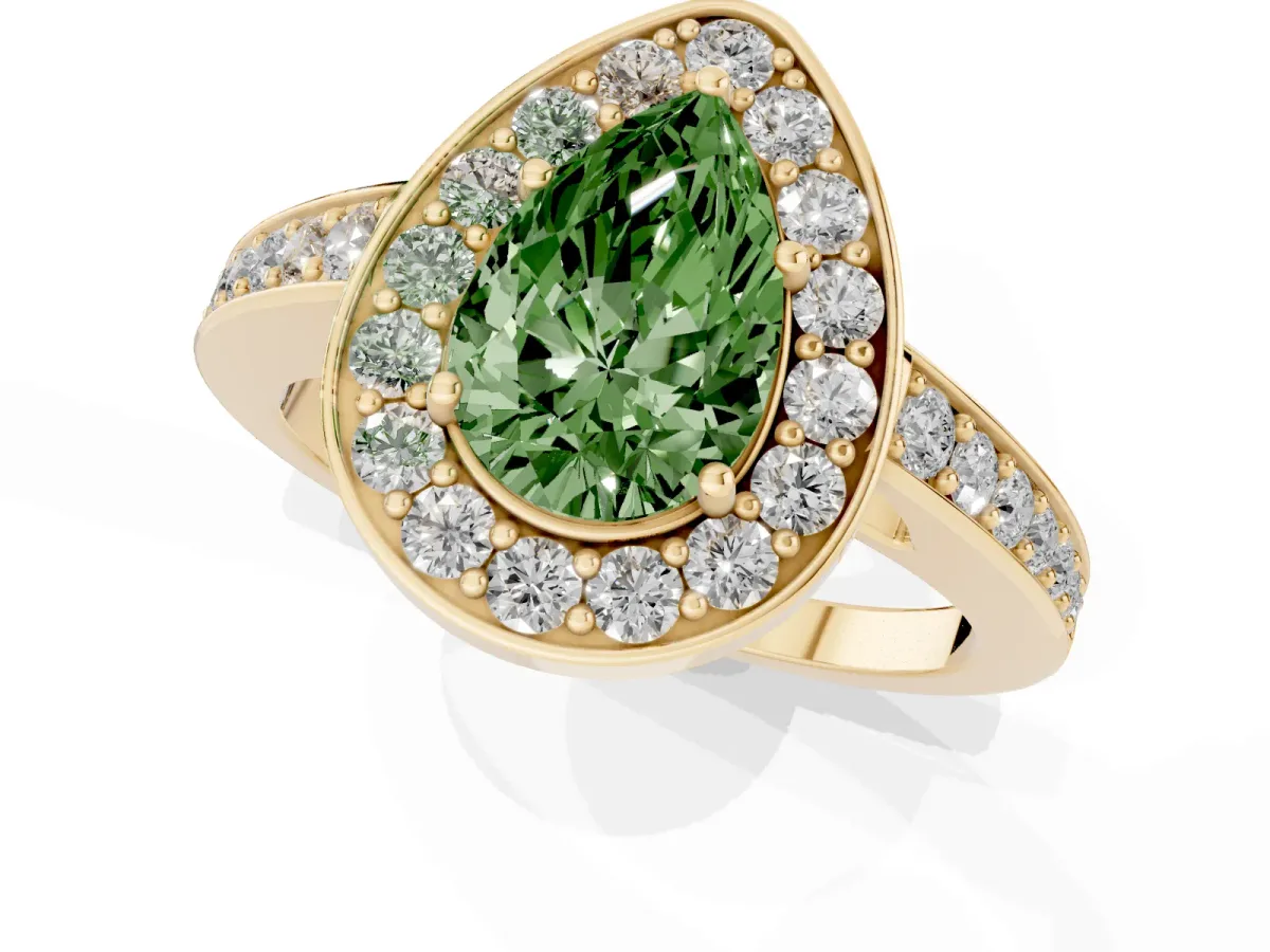 Fancy Green Pear Cut Halo Pavé Diamond Engagement Ring with Bezel Setting Yellow gold