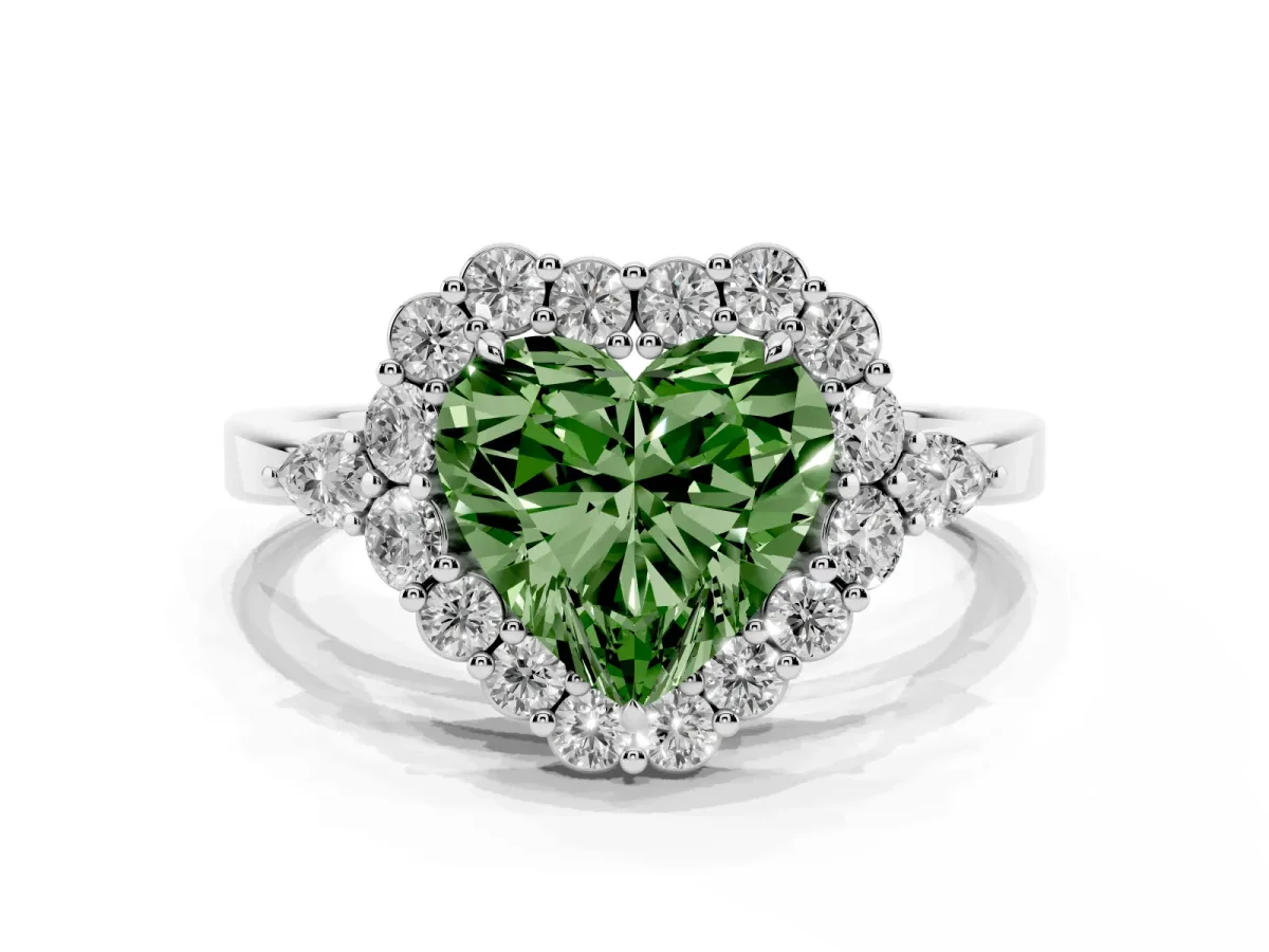 Fancy Green Heart Cut Diamond Halo Ring with Pear Side Stones and Prong Setting Silver