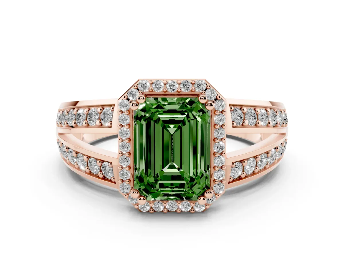Fancy Green Emerald Cut Diamond Halo Ring with Split Shank Pavé Band and Four-Prong Setting Rose gold
